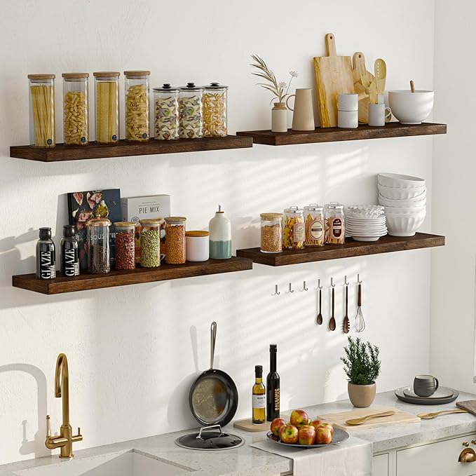 Fun Memories Wood Floating Shelves for Wall, 48 Inch Floating Shelves Wall Mounted, Rustic Elm Wood Shelf for Home Decor, Heavy-Duty Storage Shelves for Living Room, Bathroom, Kitchen, Walnut Finish-Ruum Studio Home