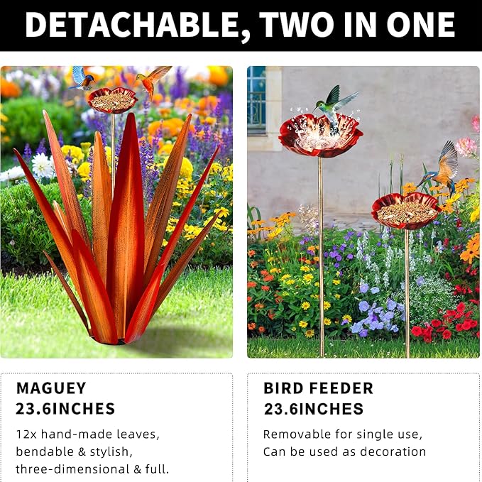 Large Tequila Rustic Sculpture, Rustic Metal Agave Plants for Outdoor Patio Yard, Home Decor Hand Painted Metal Agave Garden Yard Statue, Outdoor Lawn Ornaments (Red - L (W/Bird Feeder))-Ruum Studio Home
