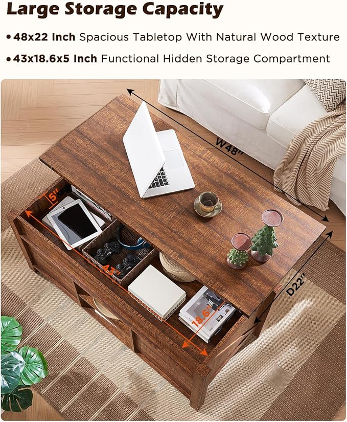 OKD 48" Farmhouse Lift Top Coffee Table with Sliding Barn Door,Rustic Center Table with Hidden Storage Compartment,Lifting Tabletop and Adjustable Shelf for Living Room,Office,Reclaimed Barnwood-Ruum Studio Home