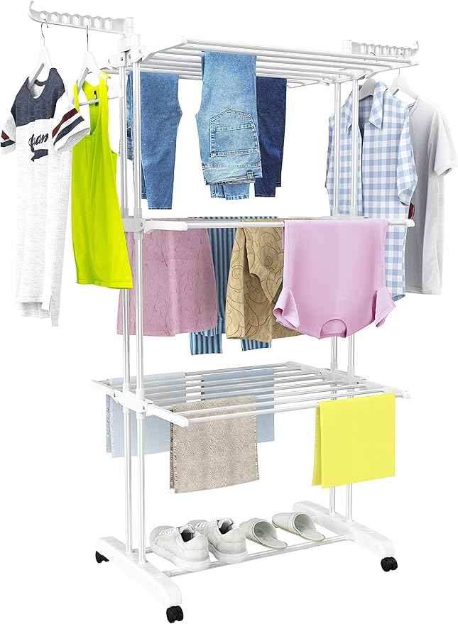 HOMIDEC Clothes Drying Rack, Large 4-Tier Foldable Drying Rack Clothing(67.7H x 19.7W x 30L Inches), Movable Drying Rack with 4 castors. Multifunctional Stainless Steel Laundry Drying Rack, White-Ruum Studio Home