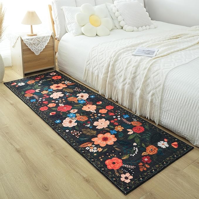 Runner Rug for Hallways Kitchen Rug Non Slip 2'x 6' Washable Runner Rugs with Rubber Backing Soft Floral Carpet Runner for Hallways, Kitchen, Laundry, Bedroom, Bathroom(Black)-Ruum Studio Home