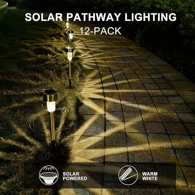 Solar Lights Outdoor Waterproof, , Solar Garden Lights Solar Powered, Stainless Steel LED Landscape Lighting Outdoor Solar Lights for Yard, Pathway, Walkway, Patio , Lawn - 12 Pack (Warm White)-Ruum Studio Home