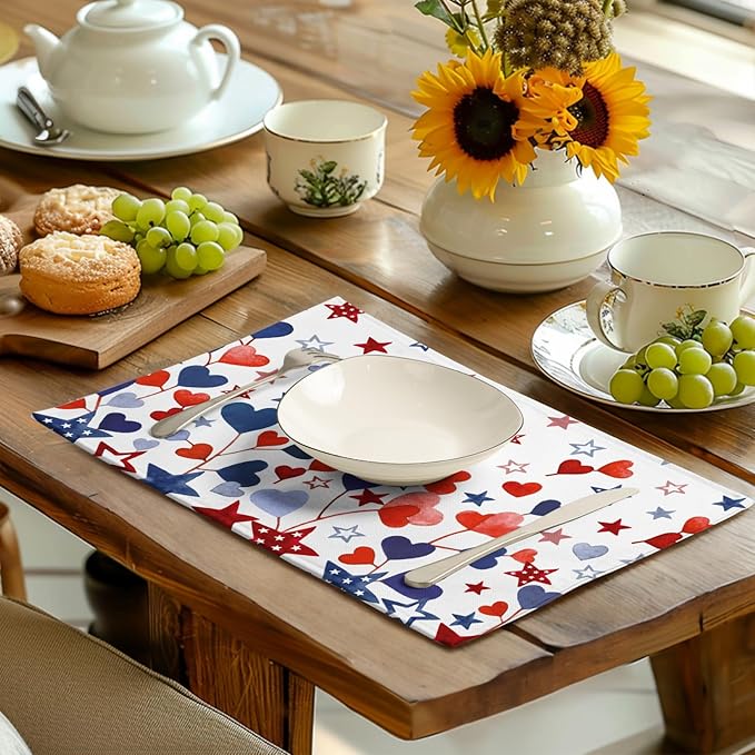Red Blue Heart Stars 4th of July Placemats Set of 4 Patriotic America Independence Memorial Day Linen Table Mats 12x18 Inch Washable Place Mats for Party Kitchen Dining Outdoor Indoor Decor-Ruum Studio Home
