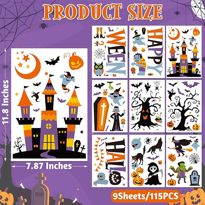 115PCS Halloween Window Clings, 9 Sheets Halloween Decorations, Cute Witch Tree Zombie Ghost Patterns PVC Window Stickers for Treat or Trick Party Favors Decal Supplies Decor Accessories-Ruum Studio Home