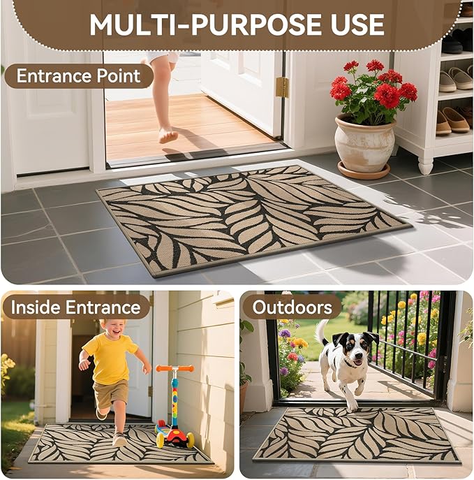 Front Door Mat Indoor Outdoor Entrance, 17''x30'' All-Season Waterproof Welcome Mat, Heavy Duty Non-Slip Rubber Backing, Patio Porch Doormat, Low Profile, Trap Dirt and Moisture, Brown-Ruum Studio Home