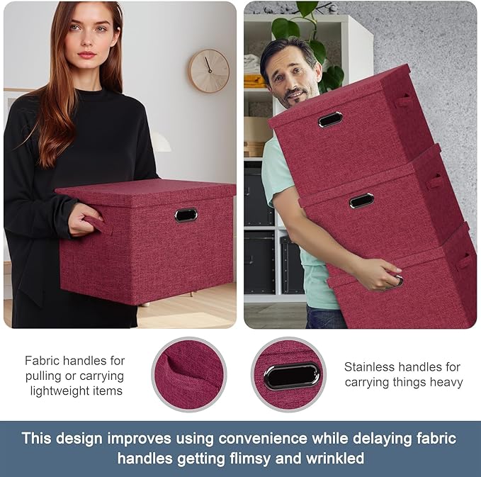 Large 17" 36 Quart Collapsible Stackable Storage Bins with Lids, 3 Packs Bright Red Linen Fabric Closet Boxes with Lids, Storage Cube Baskets Container Organizers for Office (17x12x11)-Ruum Studio Home