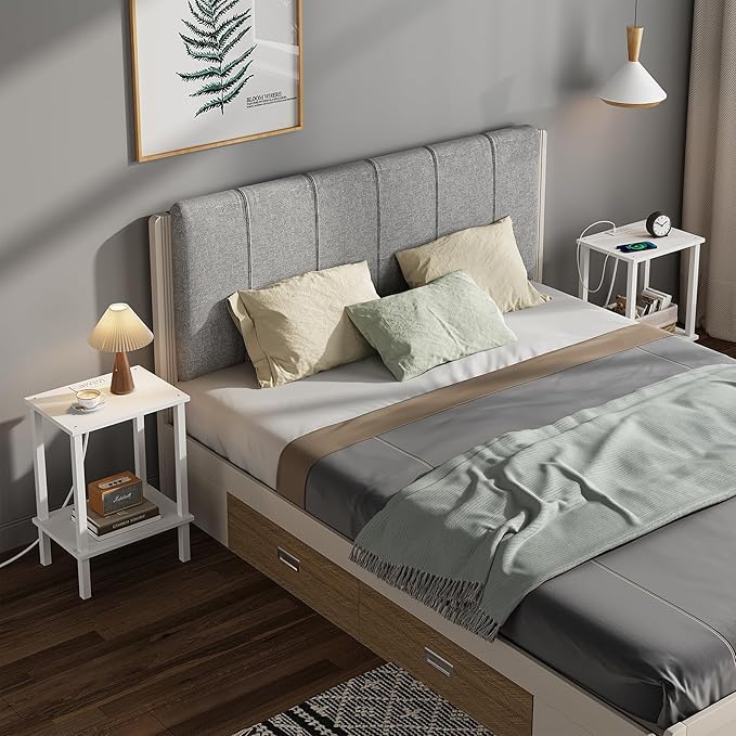 TUTOTAK End Table with Charging Station, Set of 2, Small Side Table with Outlets, Nightstand Bedside Table, 2-Tier Storage Shelf for Small Space, Living Room, Bedroom White TB01BW041-Ruum Studio Home