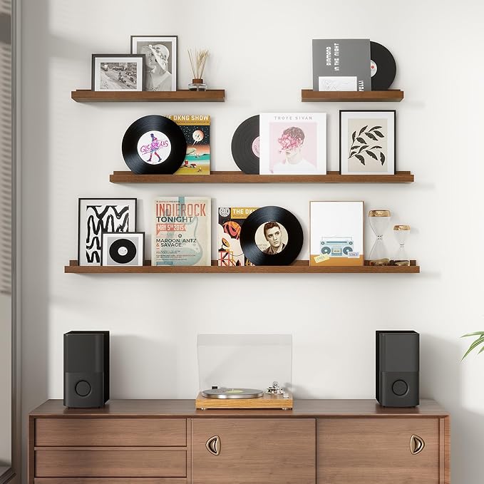 Pine Wood Rustic Floating Ledge Shelves Set of 3, 16 inches Width - Solid Pine, Walnut Finish - Kids' Room to Living Room Wall Decor-Ruum Studio Home