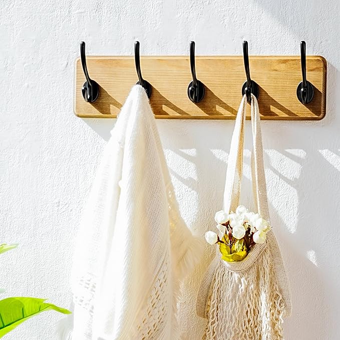 Dseap Coat Rack Wall: Patented, Heavy-Duty, 17.4" Long 5-Double-Hooks Wooden Wall Mounted Coat Rack Coat Hanger Hook Rail for Winter Coats Hat Jacket Clothing, Weathered Brown-Ruum Studio Home
