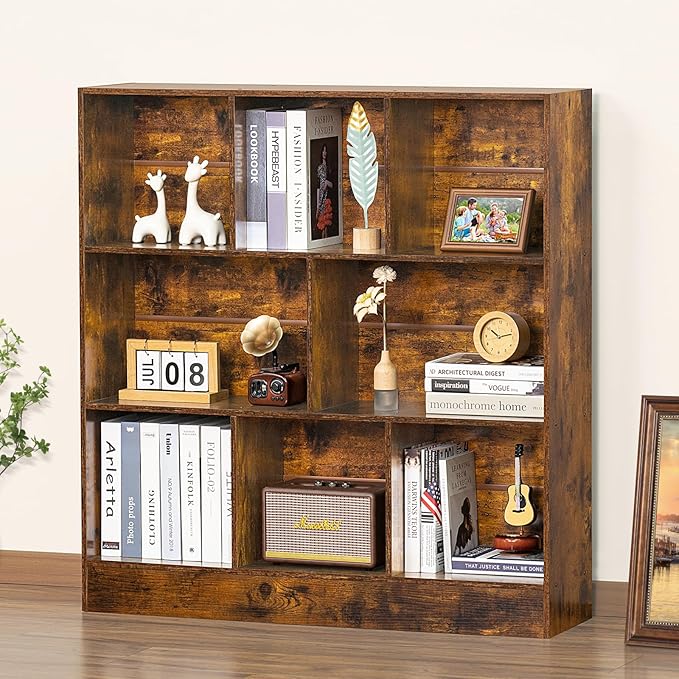 LEYAOYAO 8 Cube Bookshelf with Wood Base, Brown 3 Tier Mid-Century Modern Bookcase,Standing Wide Bookshelves Storage Organizer Shelf,Rustic Display Cabinet Book Shelves for Bedroom,Living Room,Office-Ruum Studio Home