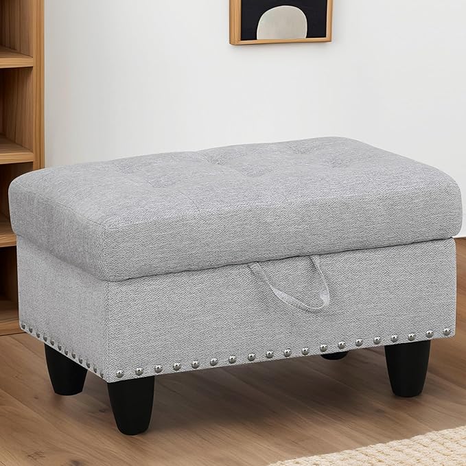 Ottoman Rectangular Storage Ottoman Bench, Flannel Footrest Stool Footstool with Lid for Living Room, Bedroom, Entryway, Gray White, 28.5"x19"x17.5"-Ruum Studio Home