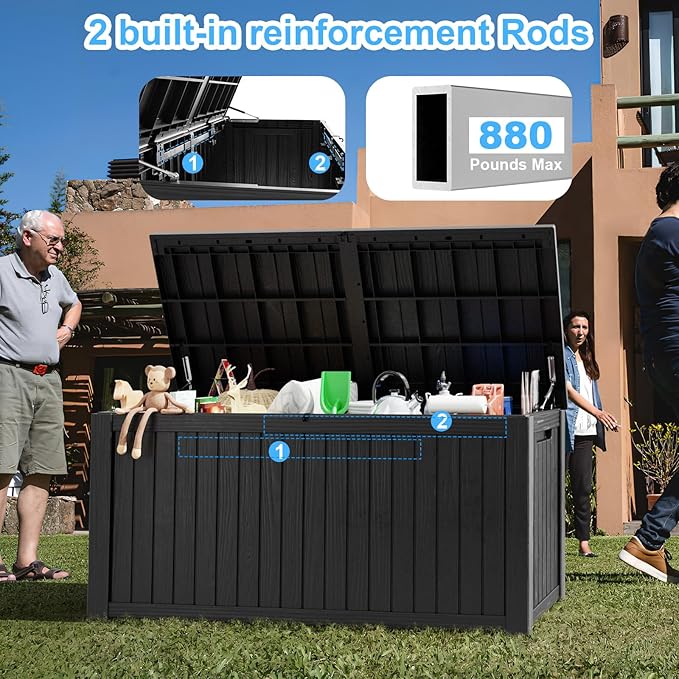 180 Gallon Deck Box,Resin Outdoor Storage Box with Lockable for Patio Furniture, Pool Accessories, Garden Tools Waterproof Outside Storage Box, Black-Ruum Studio Home