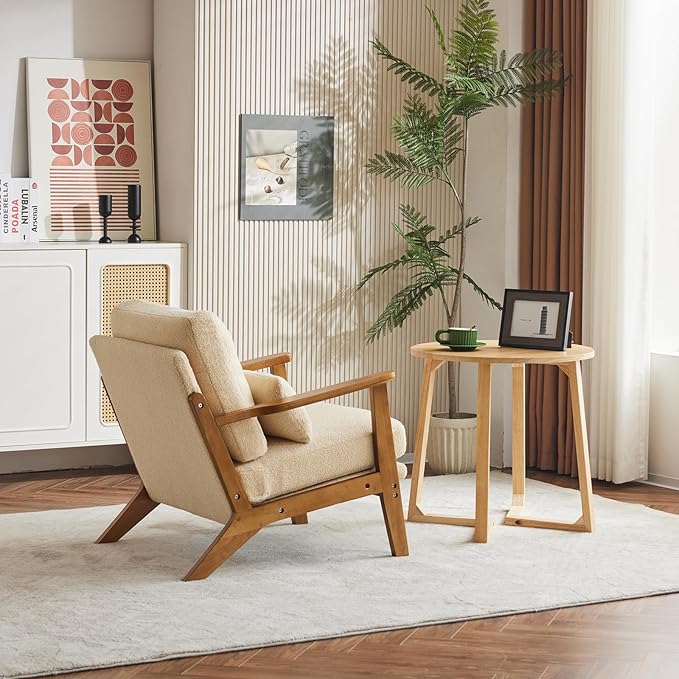 Karl home Accent Chair Wide Armrest Mid-Century Lounge Chair Teddy Fleece Armchair with Lumbar Pillow & Solid Wood Frame for Living Room, Bedroom, Balcony, Khaki-Ruum Studio Home