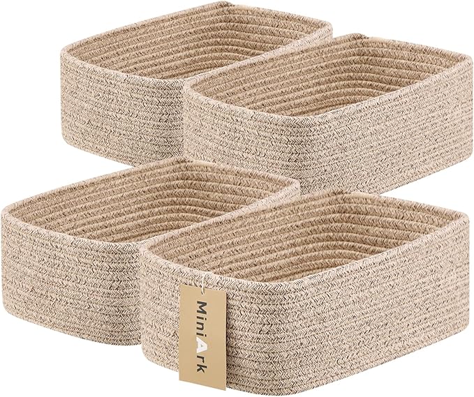 Small Storage Baskets for Organizing | Closet Organizer Bins | Shelf Toy Basket | Woven Rope Baskets | Cube Decorative Box | Shallow Basket | 11.5x7.5x4.7” | 4 Packs Mixed Brown-Ruum Studio Home