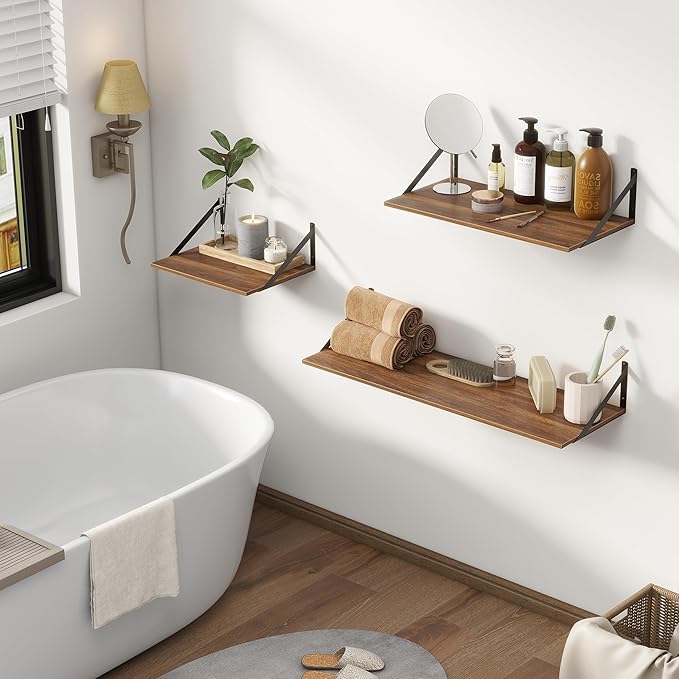 Deep Floating Shelves for Wall, 12 Inch Deep Floating Shelves Set of 2, 16"W x 12"D Wall Shelf, Wide Display Ledges Shelves for Bedroom, Bathroom, 12 Deep Bookshelf Wall Mounted - Walnut Color-Ruum Studio Home