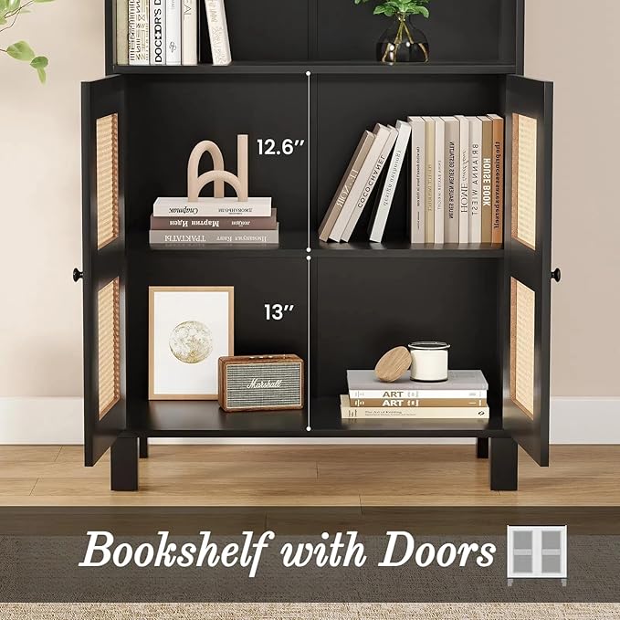 Tall Bookshelf, 5-Tier Book Shelf with 2 Rattan Doors, Freestanding Bookcase Display Shelves with Large Storage, Book Case for Living Room, Office, Study, Bedroom, 70.9 Inch-Ruum Studio Home