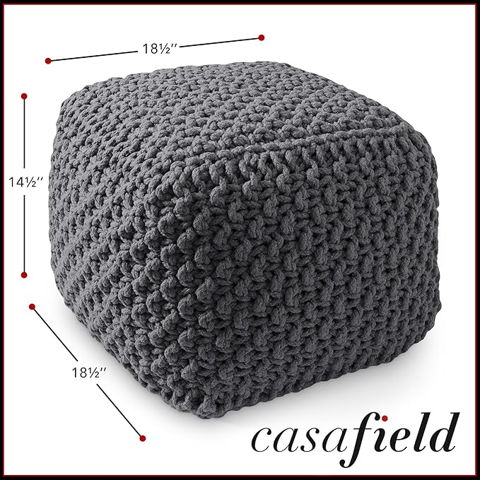 Casafield Square Pouf Ottoman, Dark Gray 18.5" W x 18.5" D x 14.5" H Cotton Knit Foot Stool - Boho Floor Pouffe for Living Room, Bedroom, Home Office-Ruum Studio Home