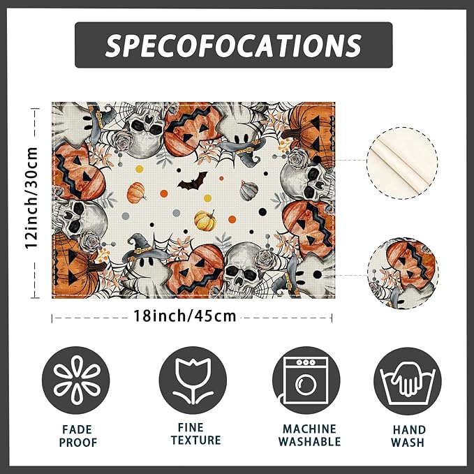 XCHI Spooky Skeleton Ghost Pumpkin Halloween Placemats Set of 4 Table Mats for Party Home Kitchen Dining Table Decorations 12x18 Inch-Ruum Studio Home