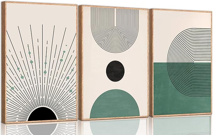 3 Pcs Sage Green Boho Canvas Wall Art Modern Abstract Minimalist Neutral Bohemian Sun Geometric Line Painting Picture Wall Decor Poster Print Artwork for Living Room Bedroom Home Decoration Unframed-Ruum Studio Home