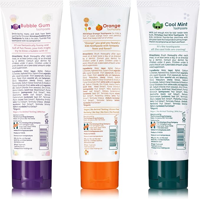 Himalaya Botanique Kids Toothpaste with Xylitol, Variety Pack of Bubble Gum, Orange & Cool Mint - Fluoride Free Toothpaste - Vegan, Gluten Free, No Artificial Flavors or Colors, 4 oz (Pack of 3)-Ruum Studio Home