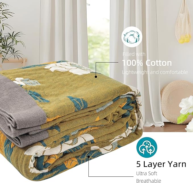 Boho Throw Blanket for Bed - 100% Pure Cotton Ultra Soft Rustic Quilt - Farmhouse Decor Bed Blankets, All Season Rustic Throw for Sofa Couch Chair(80''x 90'', Flower Branch)-Ruum Studio Home