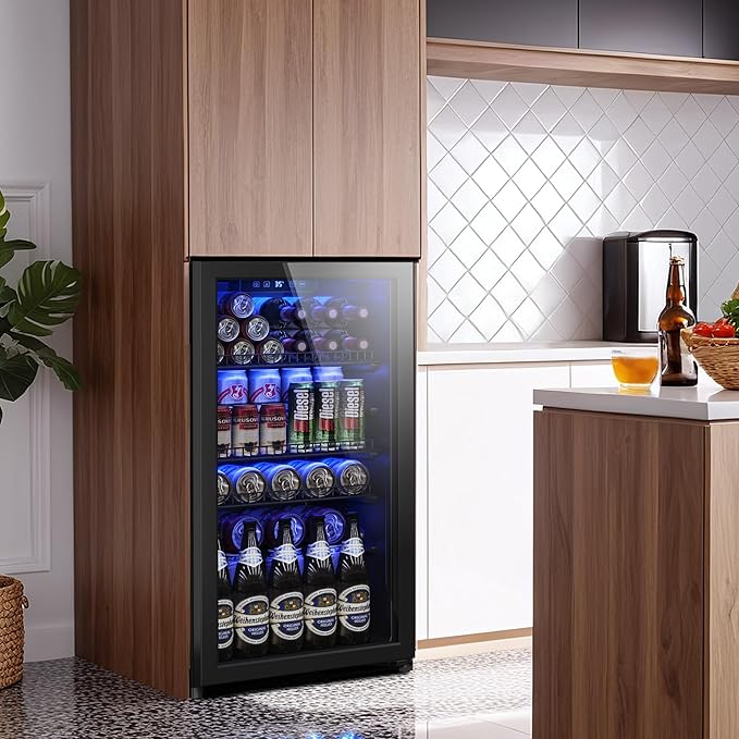 Beverage Fridge, 130 Can Mini Fridge With Glass Door, Beverage Cooler Refrigerator, Wine Drink Beer Cooler, Adjustable Shelves & Digital Temperature Display-Ruum Studio Home