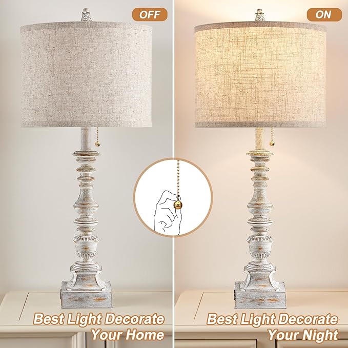 Set of 2 Farmhouse Table Lamps for Living Room, 29.5" Inch Tall Rustic Bedrooms Nightstand Table Lamp with USB-C & USB-A Charging + AC Outlet, Pull Chain Bedside Lamp for End Table, Antique White-Ruum Studio Home