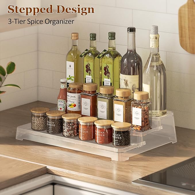 MUDEELA 2 Pack 3 Tier Spice Rack Organizer for Cabinet 11.6-Inch Spice Organization for Pantry, Non-Skid Spice Shelf with Protection Railing, Versatile Seasoning Organizer for Kitchen Counter-Ruum Studio Home