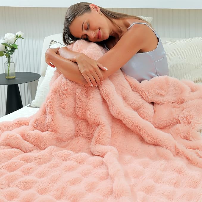 RYNGHIPY Faux Fur Blanket for Couch Fluffy Warm Throw Blanket for Sofa Bed Soft Plush Thick Bubble Blanket (Blush, 63''x79'')-Ruum Studio Home