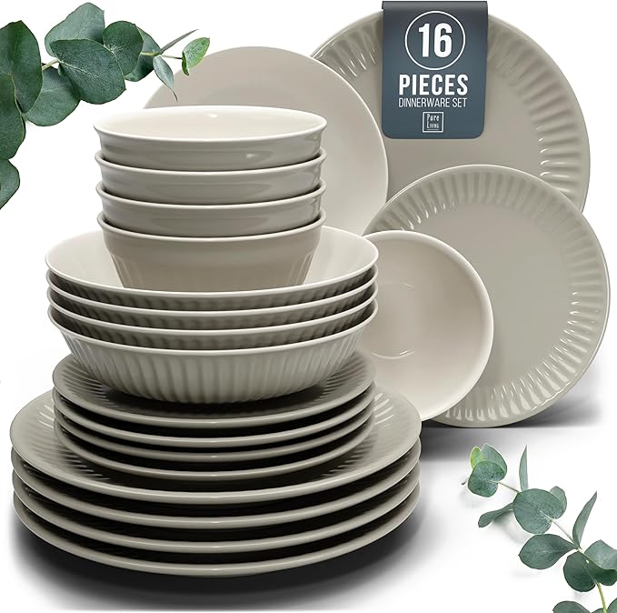 Stoneware Dinnerware Set for 4 People HYGGE 16-Piece - Elegant Scandi Design - Premium Dish Set - Bowl and Plate Set - Tableware for 4 People in a Ribbed Design - Pure Living in Light Brown-Ruum Studio Home