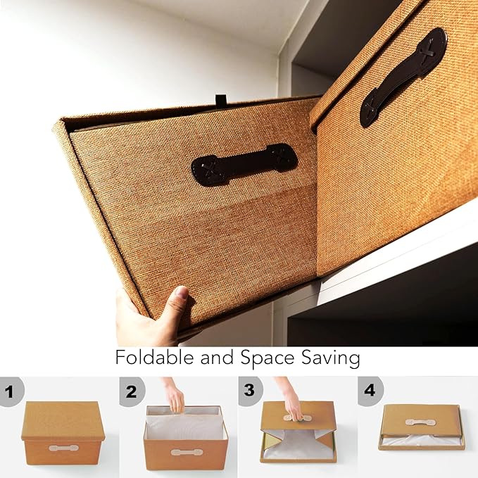 Enzk&Unity Decorative Storage Bins with Lids, Fabric Linen Foldable Storage Box with Handle Home Organizer for Shelf, Closet, Bedroom, Living Room, Office, 3 Packs, Brown-Ruum Studio Home