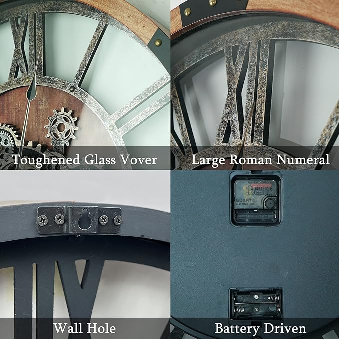 27 Inch Moving Gear Wall Clock, Oversized Wall Clocks, Clock Living Room Decor, Solid Wood Frame, Battery Operated, Large Wall Clock with Steampunk Industrial for Fireplace(Brown)-Ruum Studio Home