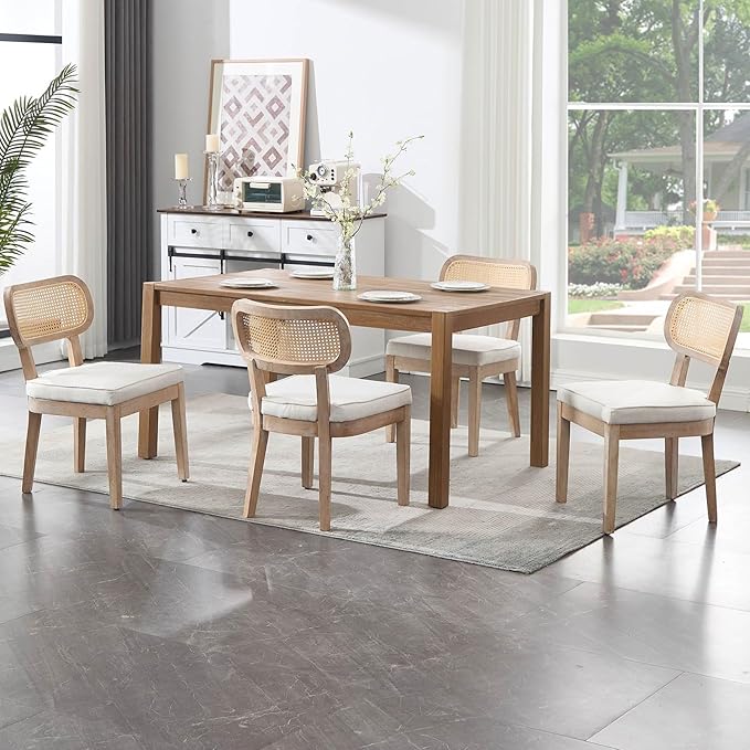 Rattan Dining Chairs Set of 2, Linen Fabric Farmhouse Dining Room Chairs with Cane Back Curved Backrest Kitchen Chairs Rustic Armless Side Chairs for Dining/Living Room/Restaurant, Beige-Ruum Studio Home