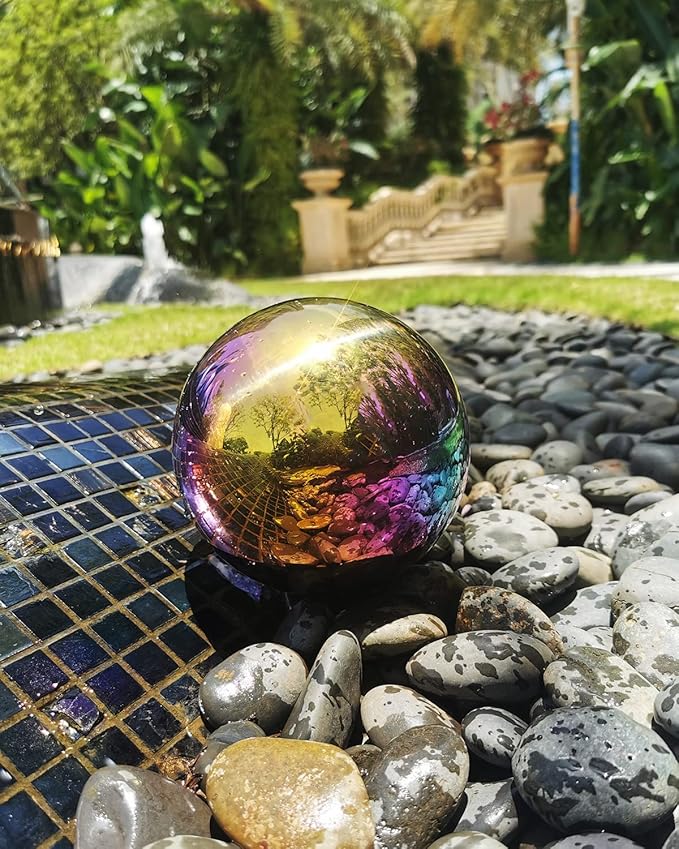 Rainbow Gazing Globe Mirror Ball in Stainless Steel, Shiny Hollow Sphere Sparkling Housewarming Outdoor Ornament (6 Inch)-Ruum Studio Home