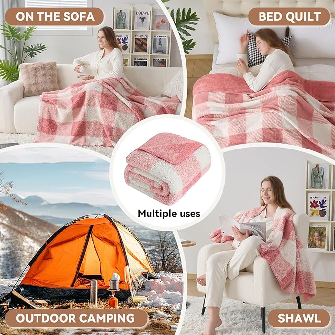 LURKA Checkered Sherpa Fleece Throw Blanket - Extra Thick and Warm Winter Soft Fuzzy Plush Blanket for Couches, Beds & Pets, Powder Pink, 50x60 Inches-Ruum Studio Home
