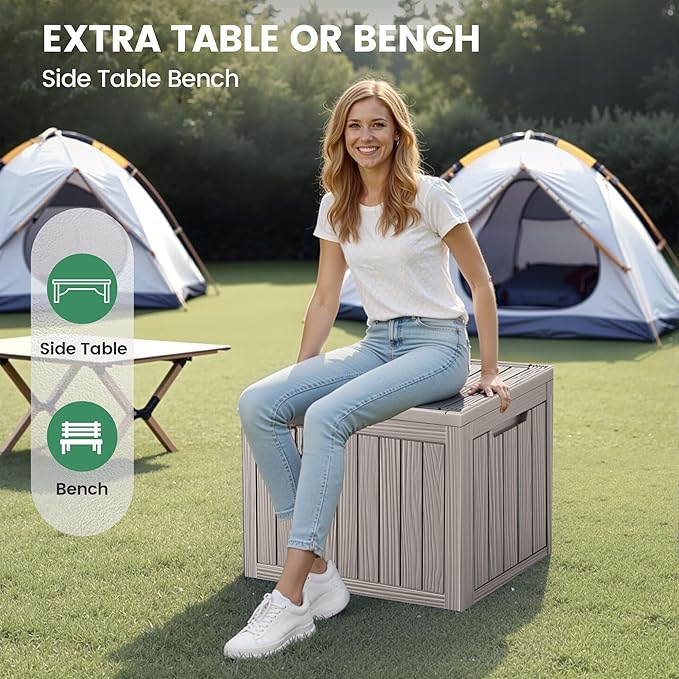 45 Outdoor Storage Box, Waterproof Resin Deck Box with Side Handles, Lockable Outdoor Bench for Indoor & Outdoor Use, Storage Bin for Patio Cushions, Garden Tools, Package Delivery, Grey-Ruum Studio Home