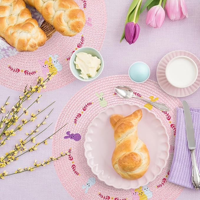 Whaline 4Pcs Round Bunny Easter Placemats Pink Rabbit Embroidered Place Mats Spring Cute Rabbit Dinner Table Mat Easter Dining Kitchen Table Mats for Home Wedding Baby Shower Birthday Party Decor-Ruum Studio Home