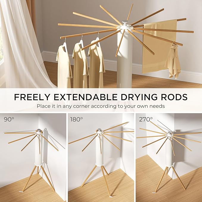 Tripod Clothes Drying Rack, Garment Rack Portable and Foldable Space Saving Laundry Drying Rack - Dryer Rack Clothing Floor Folding Balcony Bedroom Household (Beige(Wood), 12 rods)-Ruum Studio Home