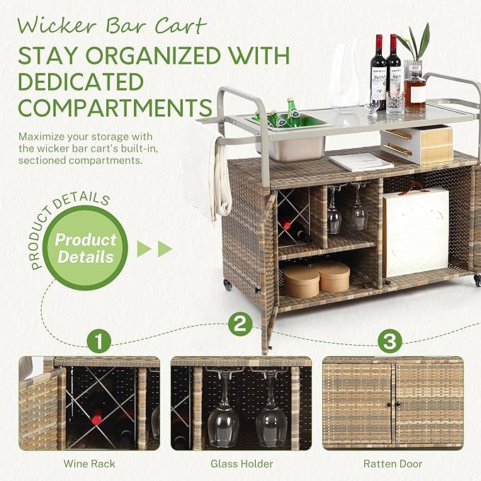 Wicker Outdoor Bar Cart with Ice Bucket, Patio Bar Table with 2 Ratten Doors Cabinet and Casters for Grill, Kitchen and Garden,Beige-Ruum Studio Home