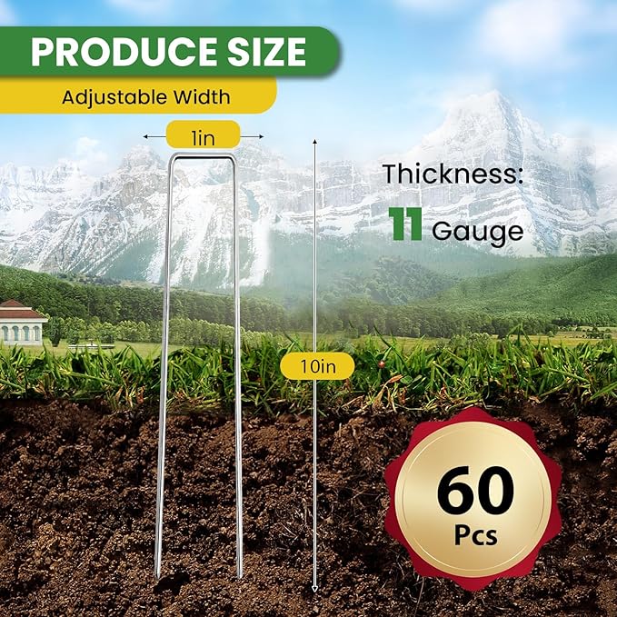 Landscape Staples 10 Inch 60 Pack, Garden Stakes Galvanized Garden Staples 11 Gauge, Plant Cover Stakes for Lawn Weed Barrier-Ruum Studio Home