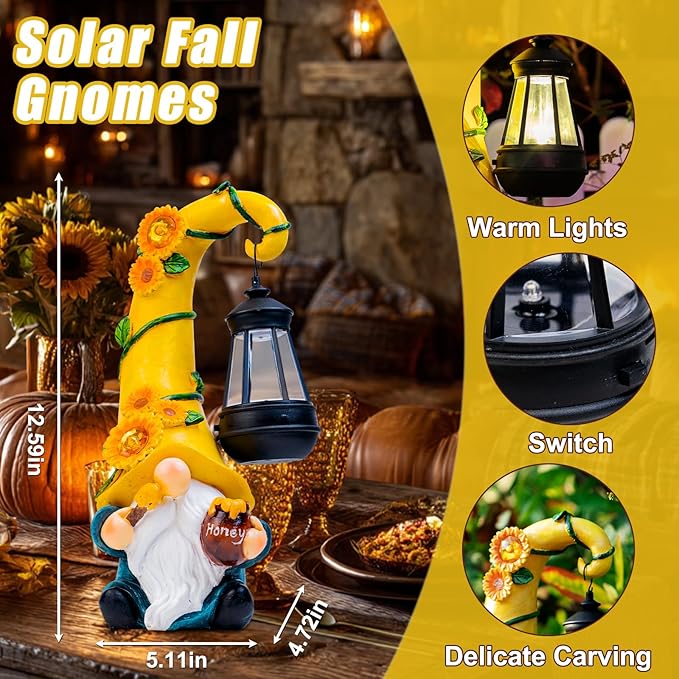 Fall Decorations for Home Porch 12" Solar Fall Gnome Sunflower Garden Statues Honey Bee Jar Decor with LED Lantern Outdoor Gnomes Decorations Patio Yard Balcony Art Birthday Gifts for Mom Grandma-Ruum Studio Home