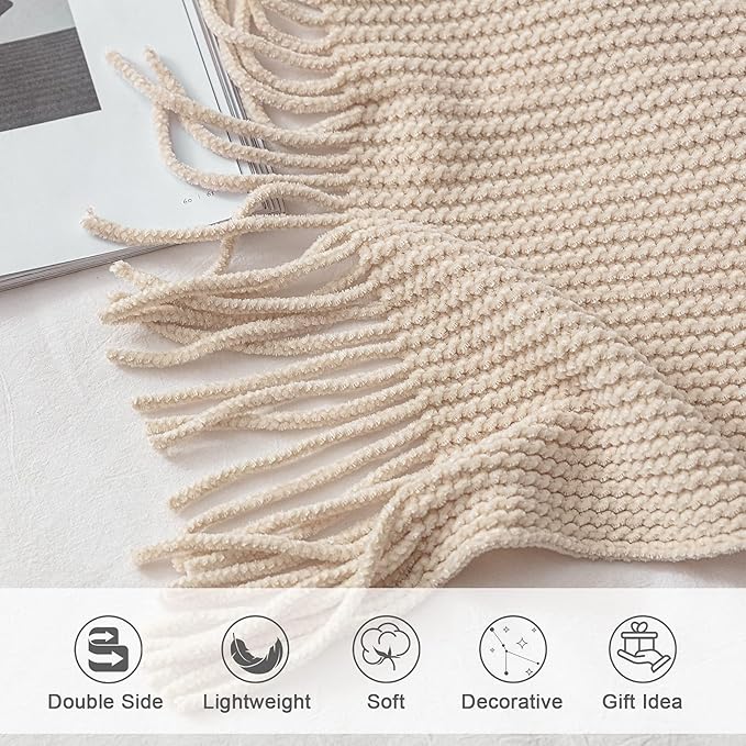 lifein Throw Blanket for Couch, Soft Boho Decor Bed Throw,Cozy White Chenille Knitted Small Farmhouse Lightweight Throw for Spring(White/Cream,50 * 60")-Ruum Studio Home