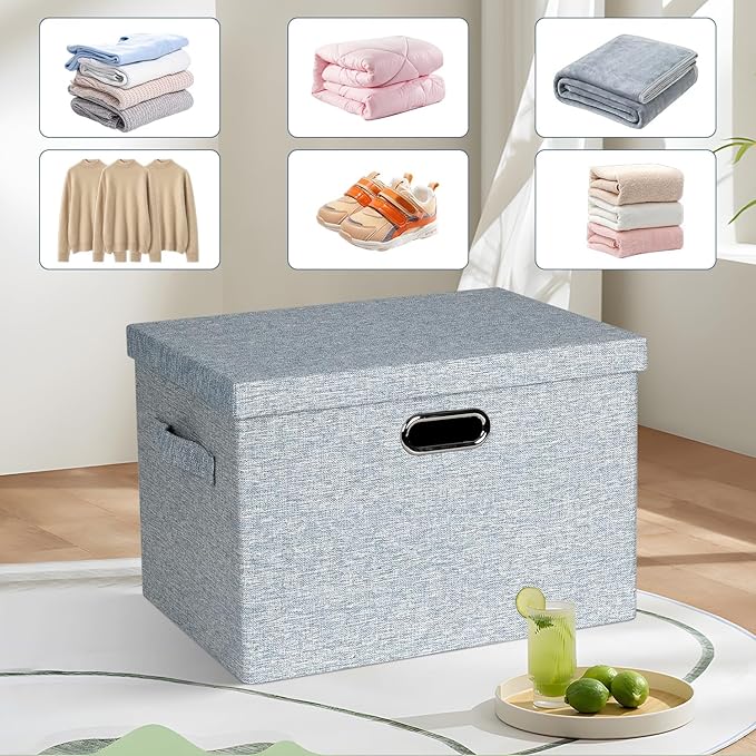 Large 17" 36 Quart Collapsible Stackable Storage Bins with Lids, 3 Packs Blue-Grey Linen Fabric Closet Boxes with Lids, Storage Cube Baskets Container Organizers for Bedroom (17x12x11)-Ruum Studio Home