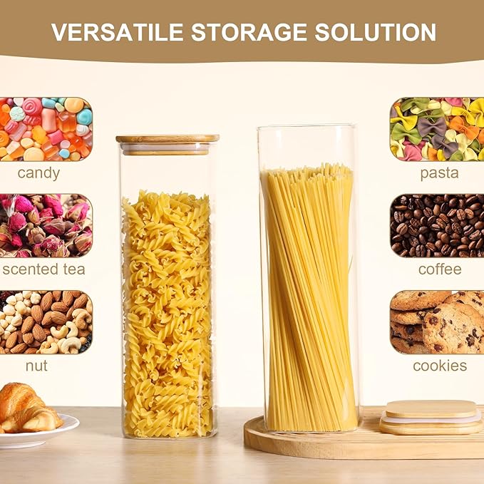 Glass Food Storage Jars with Lids(76oz)Square Set of 3 ,Glass Storage Containers Clear Glass Food Canister with Bamboo Lid Airtight For Serving Tea, Coffee Beans, Flour,Cookie, Cereal,Spice and More-Ruum Studio Home