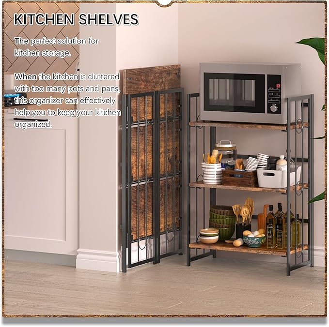 4NM No Assembly 3 Tiers Folding Bookshelf, 35" H Foldable Storage Shelves Vintage Bookcase Standing Racks Study Organizer Home Office - Rustic Brown Black-Ruum Studio Home