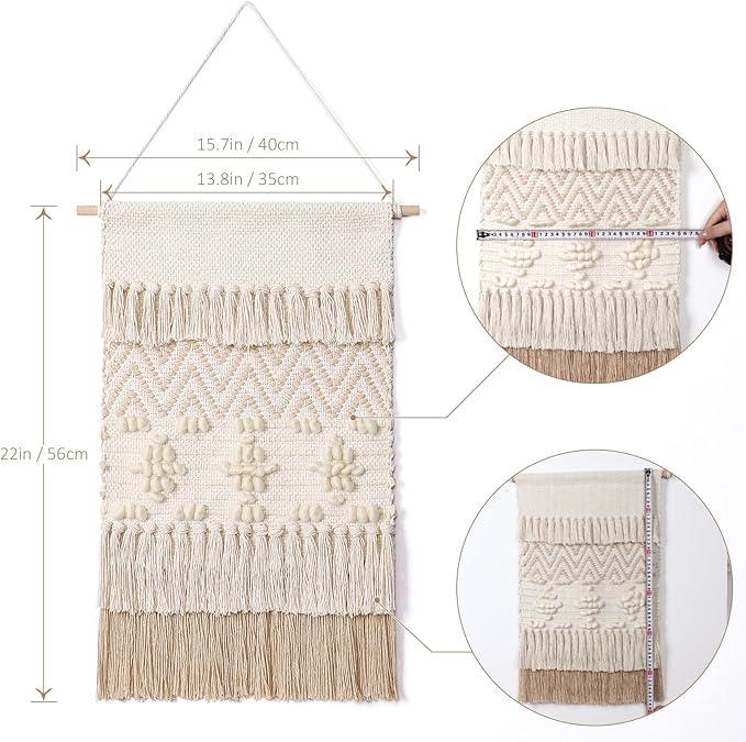 Dremisland Macrame Woven Wall Hanging Home Decor Bohemian Beige Geometric Wave Art Decor with Wool Ball and Tassle-Elegant Apartment Bedroom Dorm Room Door Decoration, 15.7" W x 22" L (Beige Wool Ball)-Ruum Studio Home