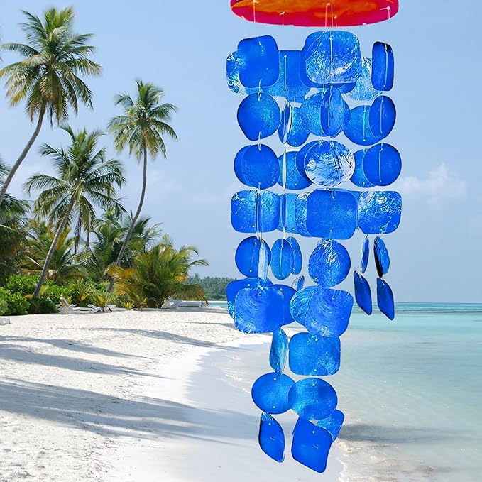 Bellaa 27918 Wind Chimes Outdoor, Garden Decorations, Musical, Indoor/Outside Windchimes, Beach, Ocean Breeze, Gifts for Mom, Gift for All Occasions, Capiz Sea Glass Shells Wood Blue 27 inch-Ruum Studio Home