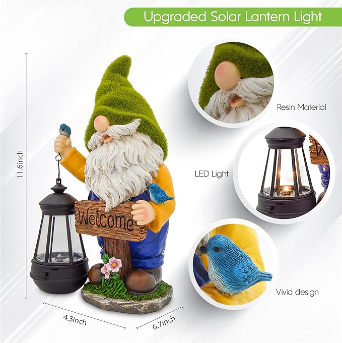 Garden Gnomes Outdoor - Flocked Gnome Statue Holding Lantern with Solar LED Lights | Gnomes Garden Decorations for Patio, Yard, Lawn Ornaments - Gnome Gifts-Ruum Studio Home