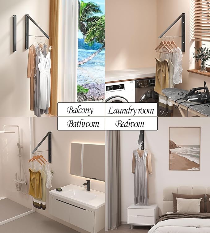 Dr.DJ Clothes Drying Rack Wall Mounted, Retractable & Foldable Clothes Hanger for Laundry Room Organization and Storage, Clothes Hanger Rack for Dorm, Closet, Balcony, Laundry Room(1P, Metal, Black)-Ruum Studio Home