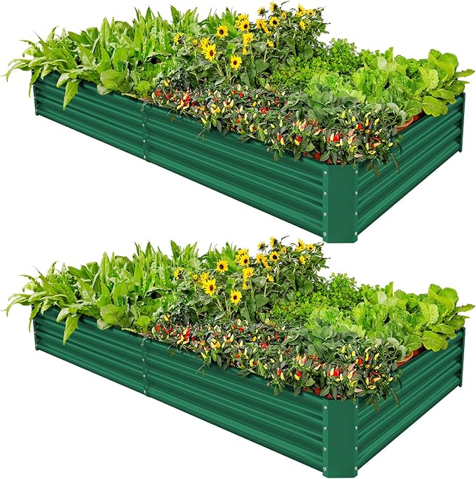 Land Guard 2 Pack 8×4×1ft Galvanized Metal Raised Garden Bed, Metal Planter Kit Box Outdoor for Deep-Rooted Vegetables, Flowers, Green and Herbs (Green)-Ruum Studio Home